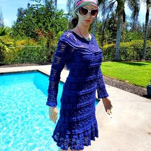 Max Studio Blue Scoop Neck Lined Lace Dress - M